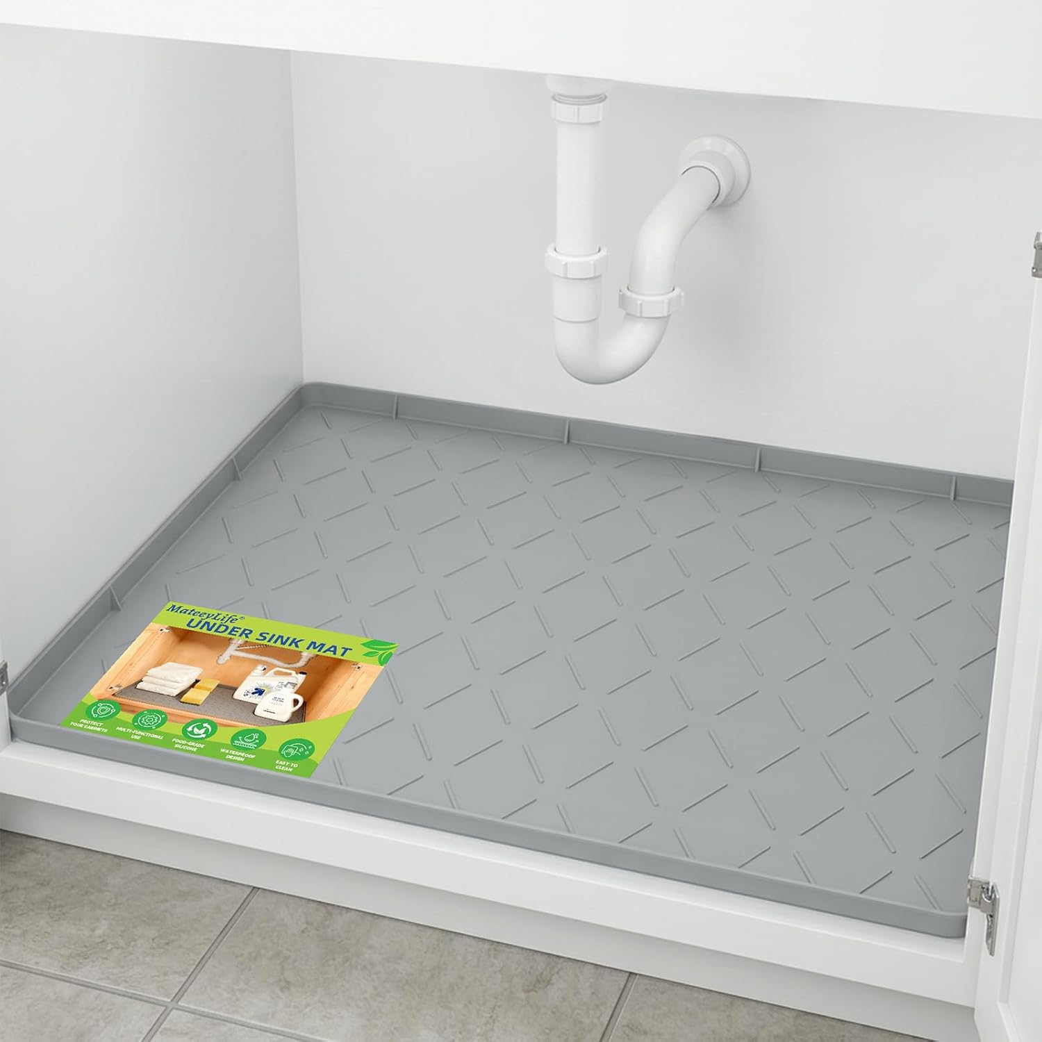 Mateeylife Under Sink Mats for Kitchen Waterproof 34"X22", Undersink Protectors，Silicone Mat Cabinet Liner, Under Sink Organizer for Bathroom and Kitchen，Boot Tray Pet Food Mat, Light Grey