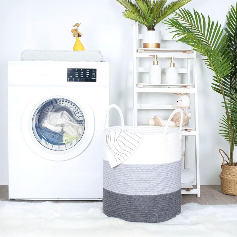 Image of Jute Cotton Rope Laundry Basket with Handles, Large Tall Clothes Hamper for Bedroom, Baby Nursery, Bathroom, Laundry Room & Home Storage Organizer (14x16 Inch, Tiranga)