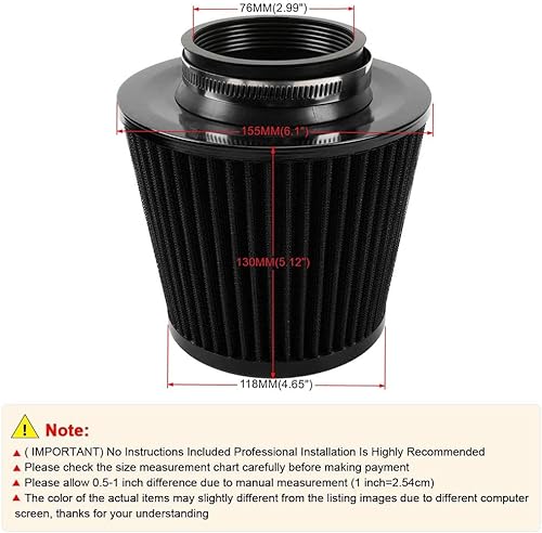 Miniatura 5 de Filtro de admisión de aire frío de alto flujo con abrazadera de entrada de 3 "Filtro de aire seco de reemplazo de cono de 2.992 in (negro)