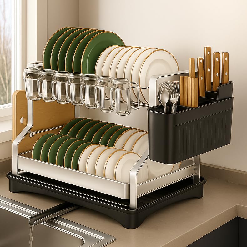 SerkaHome Escurreplatos Acero Inoxidable 2 Niveles - Drenaje Automático y Patas +4 cm - Seca Platos Grande y Compacto – Organizador Fregadero Cocina con Soporte para Platos, Cubiertos y Vasos