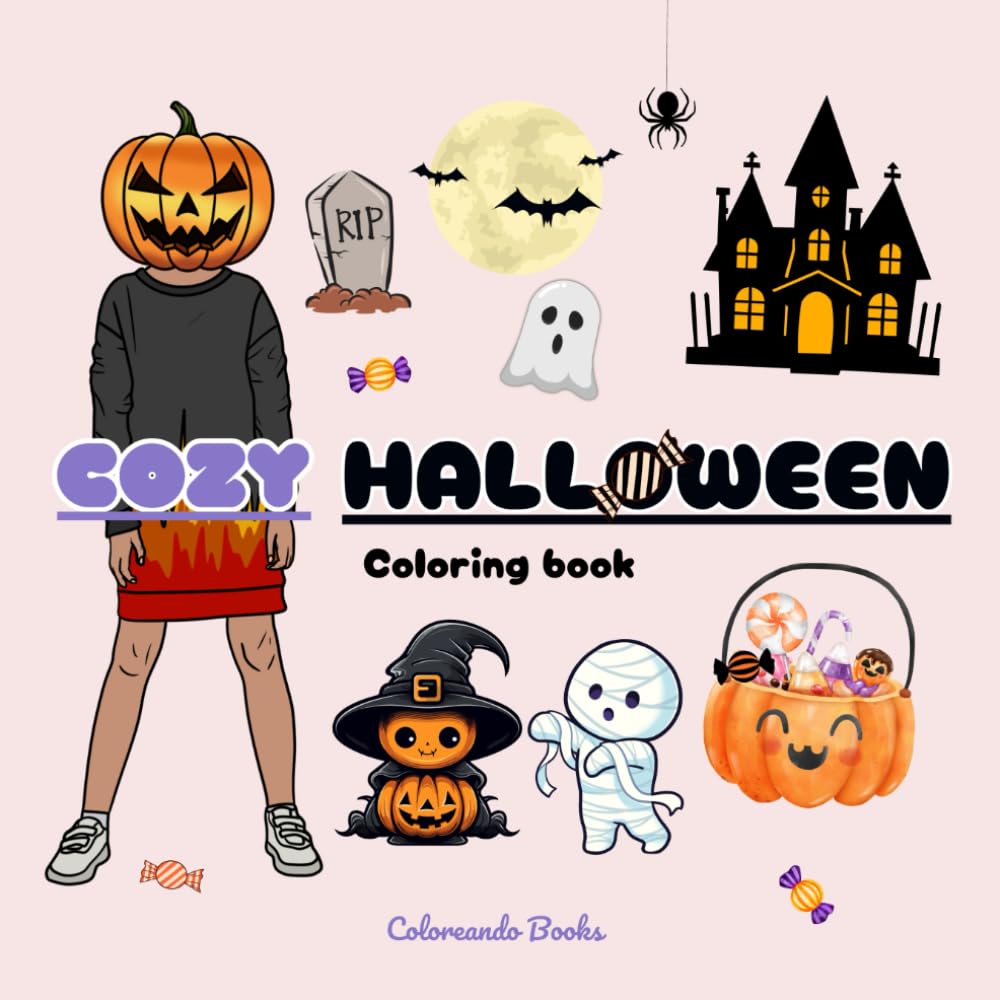 COZY HALLOWEEN - Coloring book: with 50 large funny images about Halloween for kids and young people.