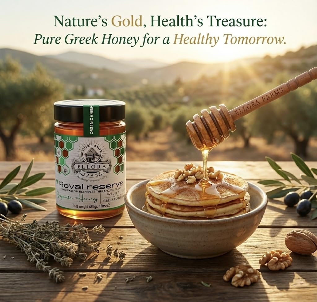 Ellora Farms Organic Honey, Wild Thyme Raw Honey, Greek Unfiltered, Preservative and Additive Free, Paris and Dubai Gold Awards Winner, Gift Pack with Dipper - 450 g