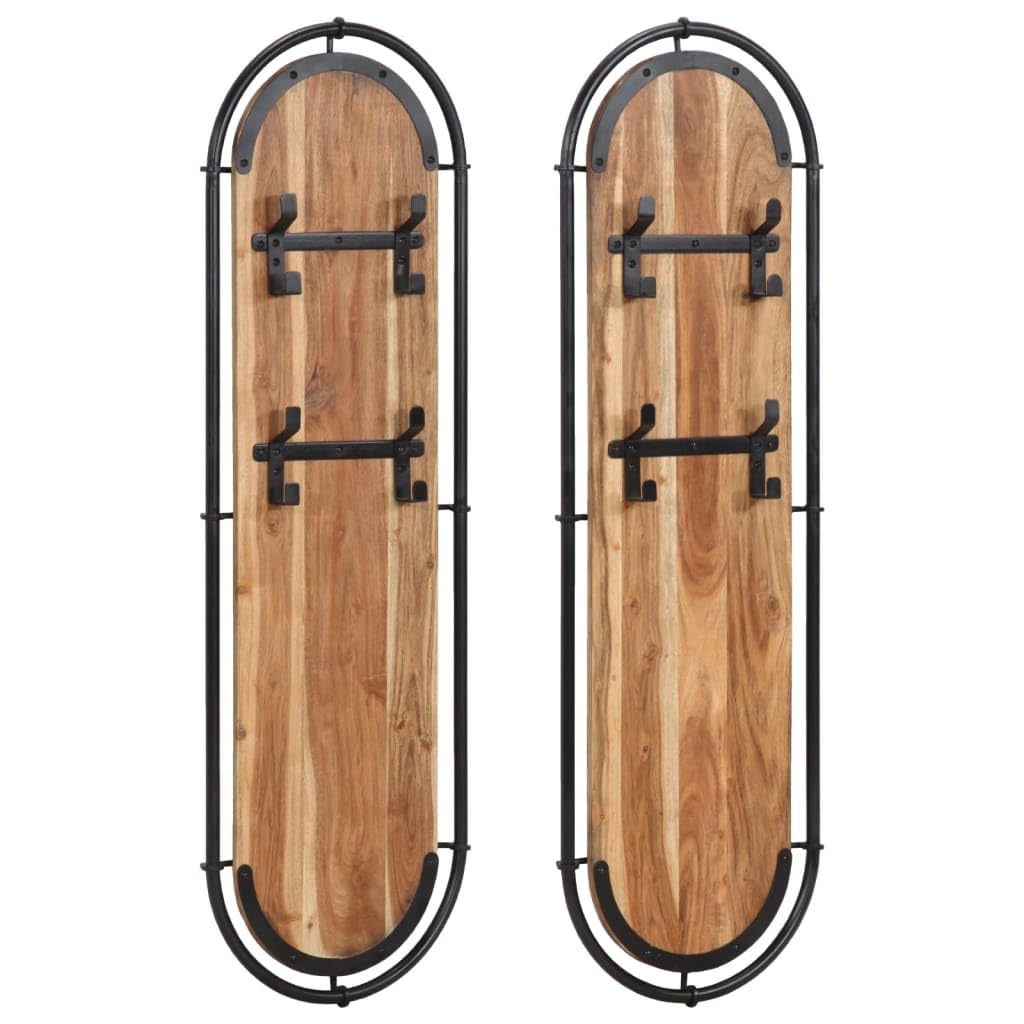 Appendiabiti da parete in legno di acacia massiccio con 4 ganci in ferro, set da 2 pezzi, per corridoio e ingresso, salvaspazio, appendiabiti, giacche e borse, 34 x 110 cm