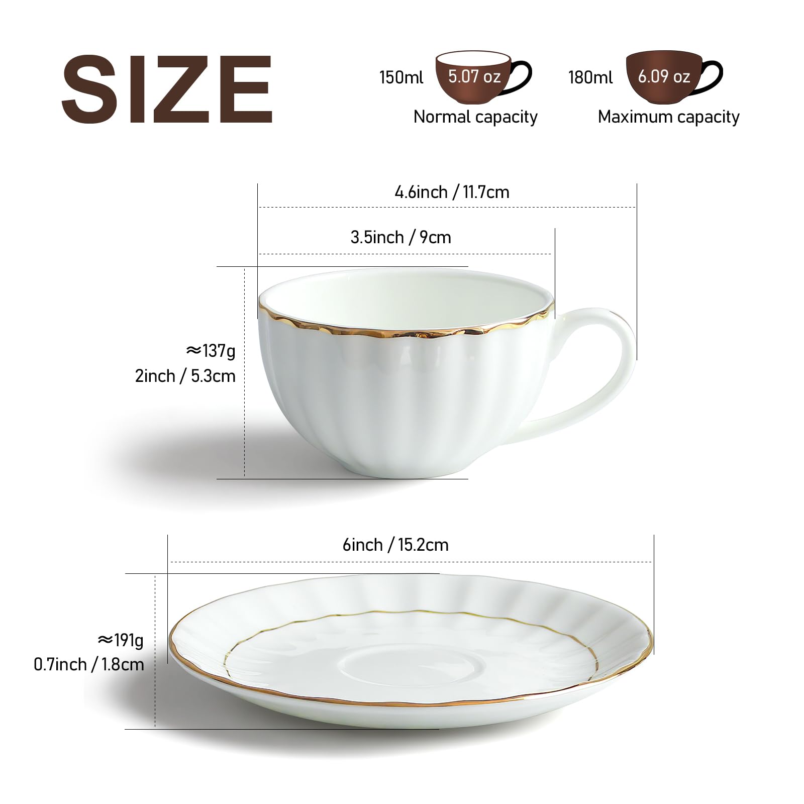 IQCWOOD Tasse à thé et soucoupes de 173 ml avec bordure dorée, tasse à thé en porcelaine anglaise pour café, cappuccino, expresso pour fête, café, maison, cadeau de fête des mères (blanc)