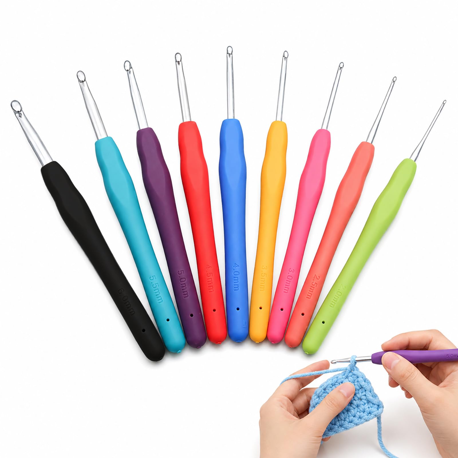 XZJDGBZA 9PCS Ergonomic Crochet Hooks Aluminium Soft TPR Handle 2.0-6.0mm