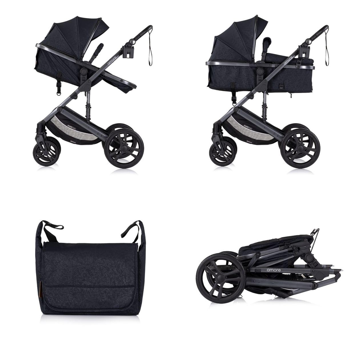 Chipolino Kinderwagen 2 in 1 Amore Getränkehalter Wickeltasche Fußabdeckung Korb schwarz gemustert