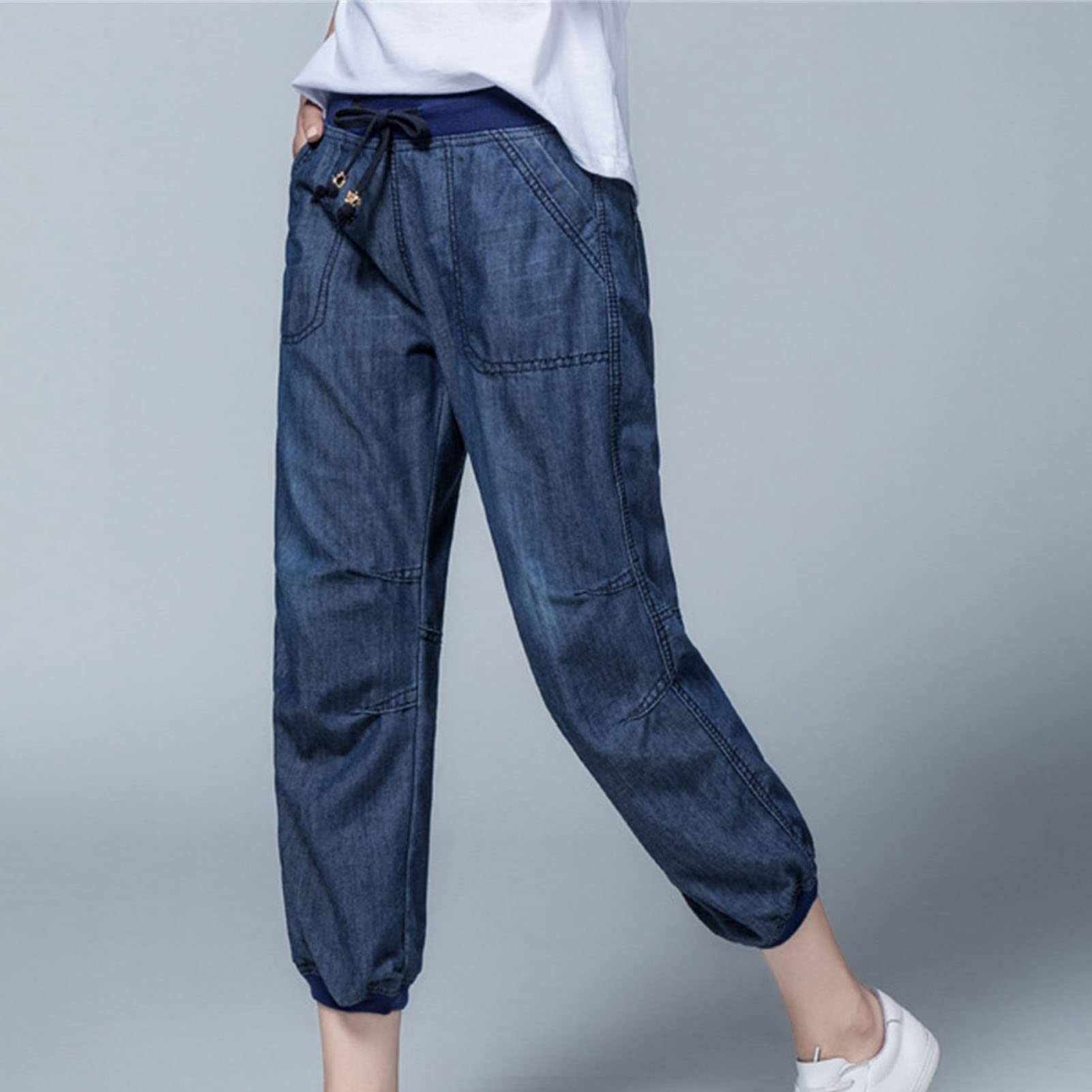 Women's Classic Pull-on Cropped Jeans Elastic Waist Bloomers Denim Pants Lightweight Drawstring Jean Trousers (Dark Blue,4X-Large)