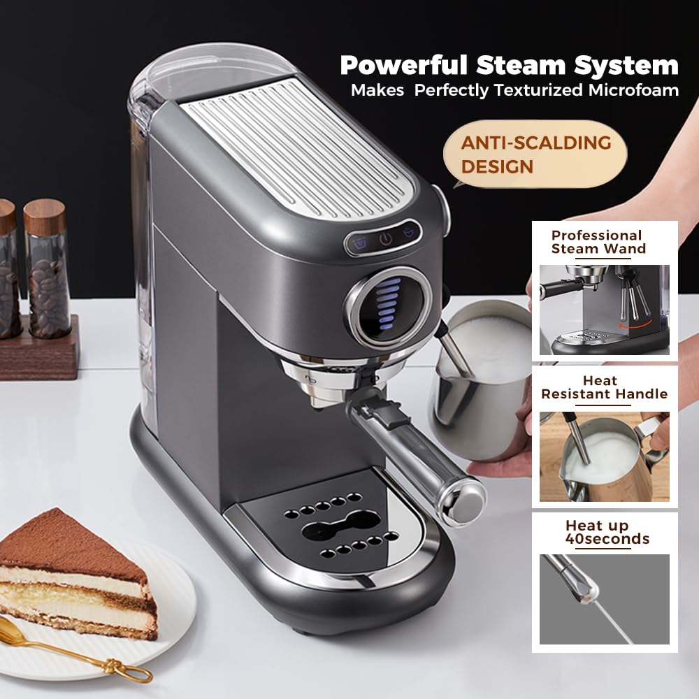 Máquina de café espresso 4 en 1 con espumador de leche, máquina de café de 19 bares con volumen de café visual de 7 niveles ajustable para cápsulas y polvo Nes* y DG*, 1450 W, gris