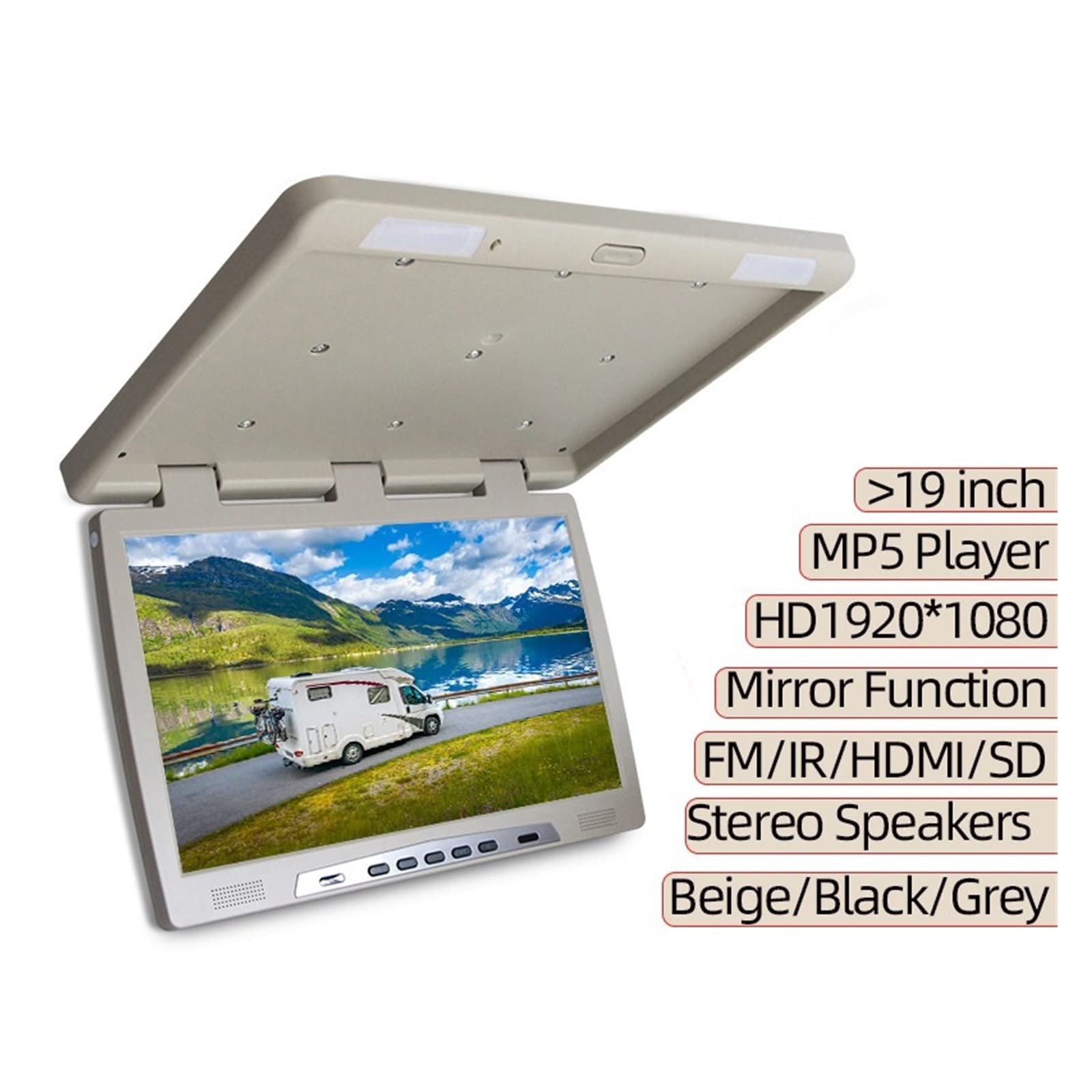 Reproductor de reposacabezas de Coche Monitor de Techo Coche 22 Pulgadas, Pantalla abatible hacia Abajo, vídeo Multimedia Superior, Montaje en, integrada IR, USB, FM(22 Beige Mirroring)