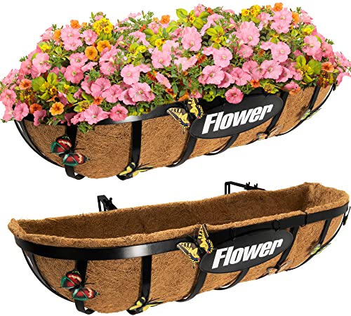 Hfhome 30" Window Box Deck Railing Planter With Horse Trough Coco Liners, Black Metal Hanging Flower Planters Baskets For Indoor, Outdoor, Balcony, Porch, Fence, Patio, And Lawn (Set Of 2) #TOP10