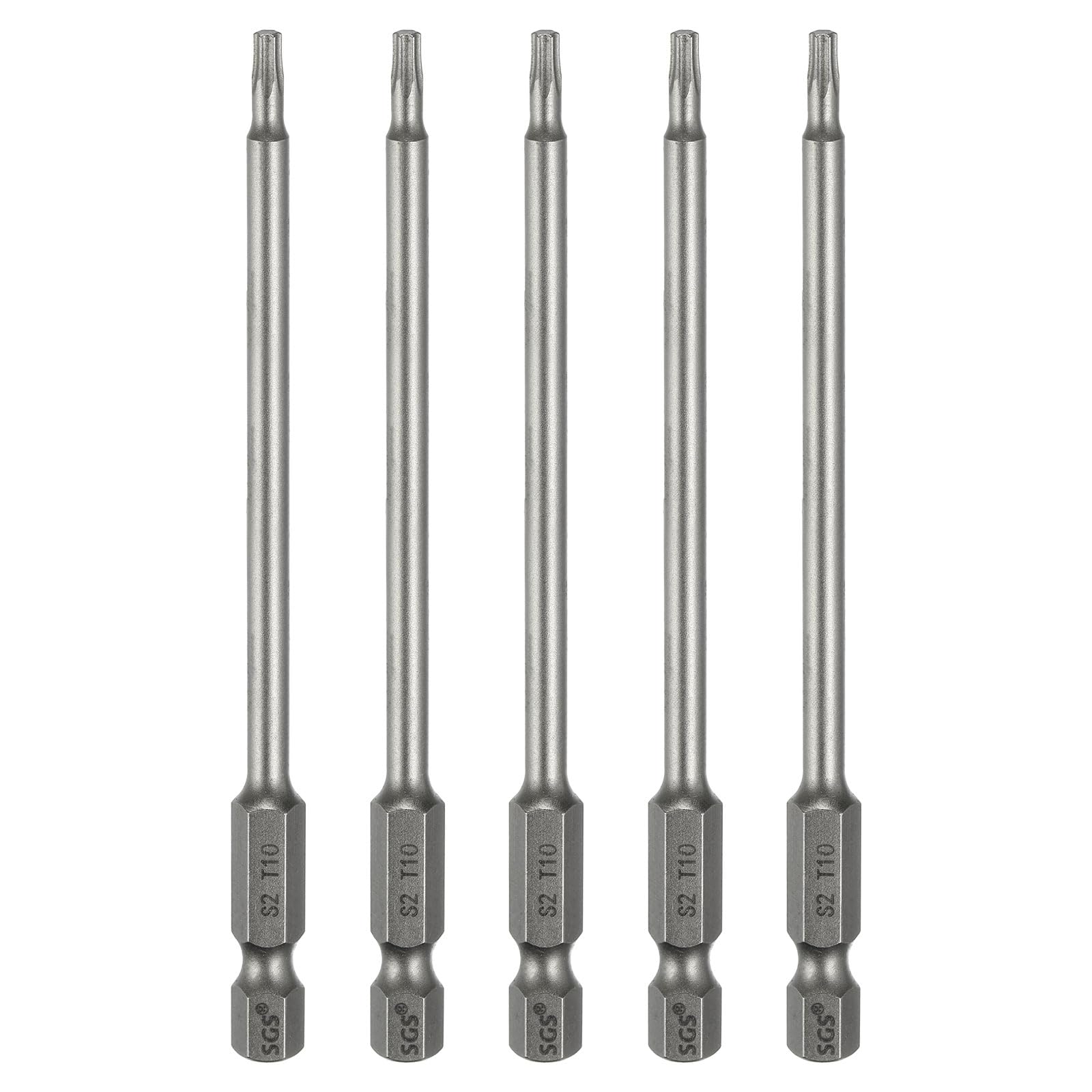 sourcing map 5pcs T10 Torx Head Screwdriver Bit 1/4" Hex Shank 4" (100mm) Long Magnetic No Hole Tip Tamper Proof 6 Point Star Screw Driver Drill Bits S2 Steel Industrial Power Screwdrivers — image 1