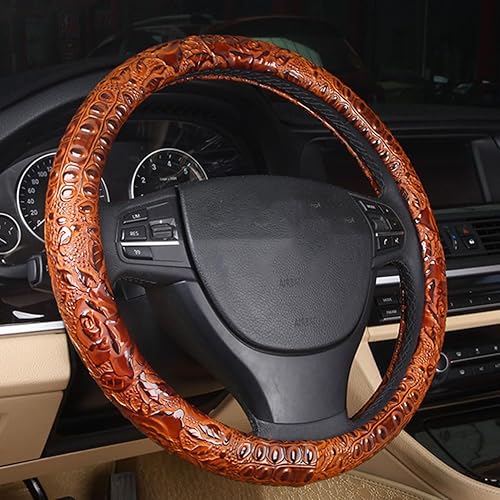 Funda para volante de auto de cuero, antideslizante, universal, 15 pulgadas, marrón con grano de cocodrilo y veta de rosa