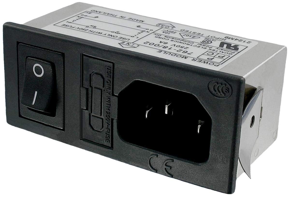 QUALTEK 762-18/002 6A, Connector, Connector TERMINALS:Quick Connect, Type:IEC C14, Current Rating:6A, Fuse Holder:1-Pole Fuse Holder, Size HELD:5MM X 20MM, IP Rating, Plug, Power Entry,