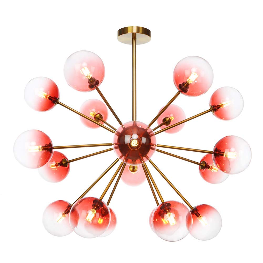 NZDY Creative Mid Century Glass Ball Chandelier, Brass Sputnik Pendant Light 18-Lights Branch Starburst Chandelier G4 Semi-Flush Mount Hanging Lamp Ceiling Light for Living Room Kitchen Stairs,Red,18