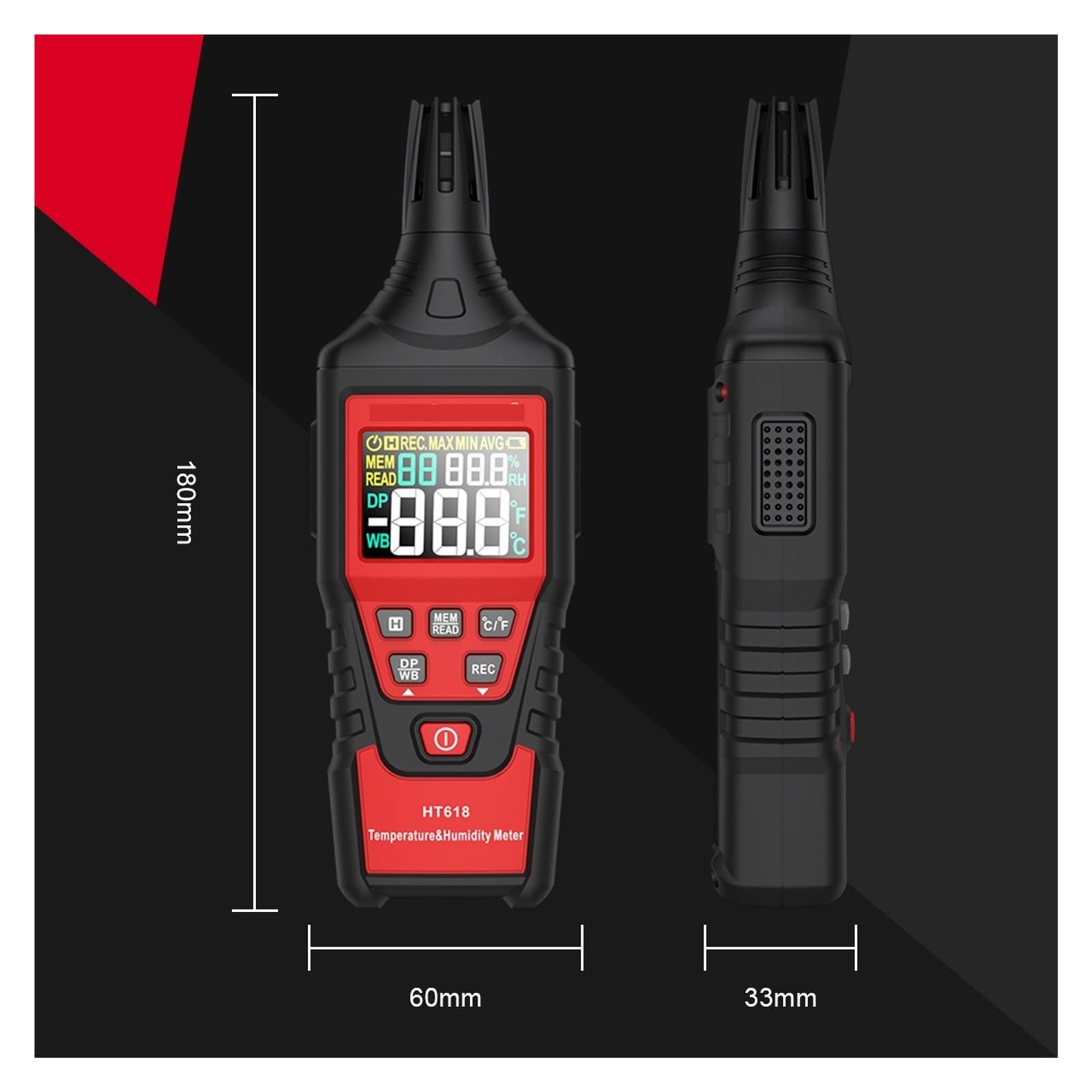 Termómetro psicrómetro digital HT618, higrómetro, medidor de temperatura y humedad retroiluminado for uso en interiores y exteriores