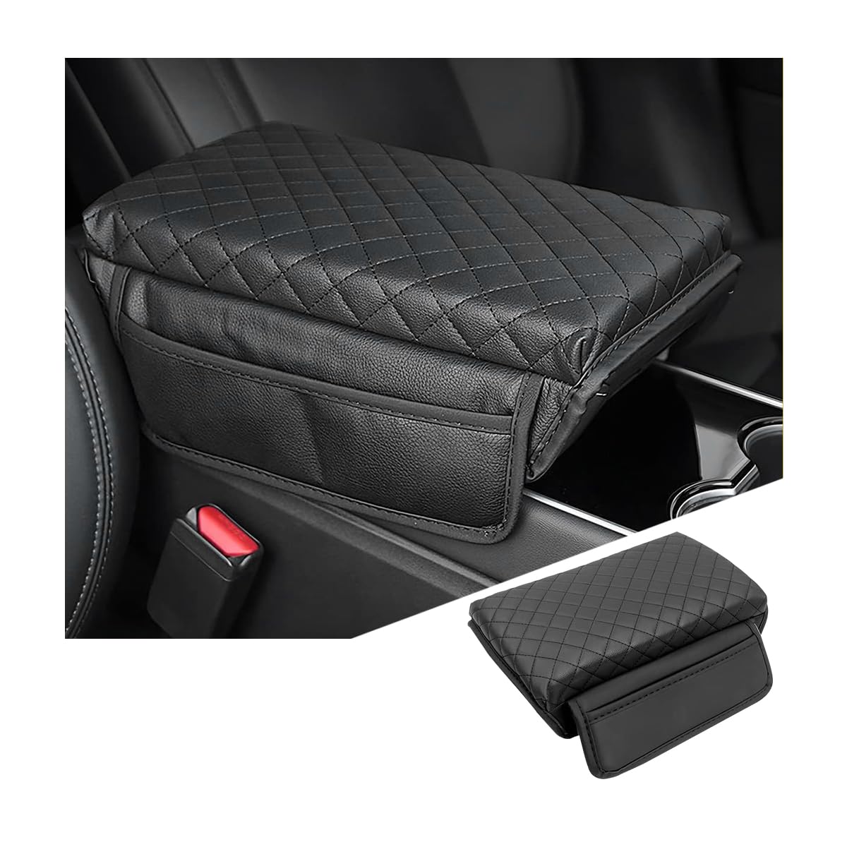 Car Armrest Cushion, Leather Auto Center Console Pad with Organizer Bag, Waterproof Comfortable Soft Carbon Fiber, Vehicle Middle Console Arm Rest Protector, Universal for RV, SUV, Truck (Black)