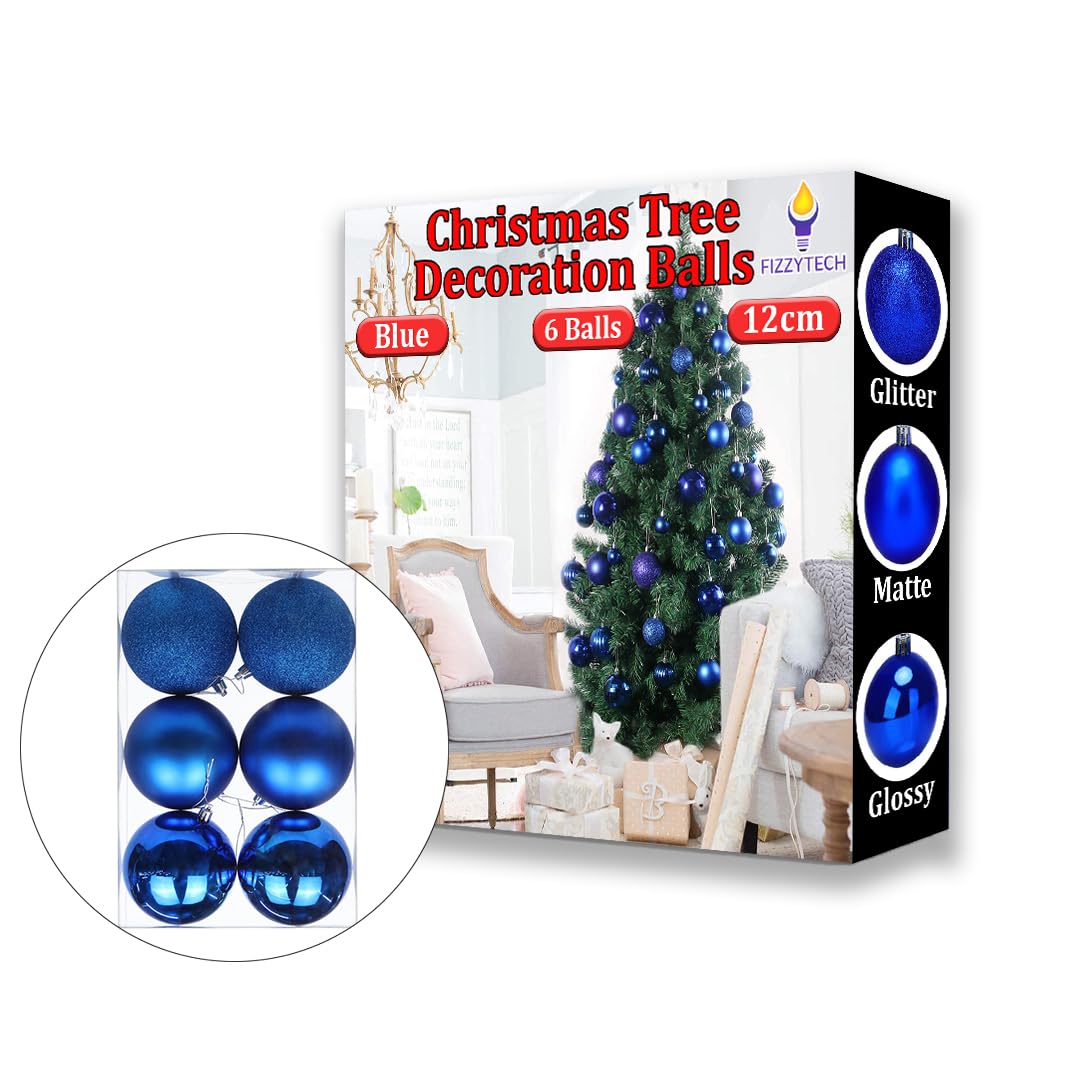 FIZZYTECH Shatterproof Christmas Balls Ornaments 6 Pcs Blue Hanging Balls Size Perfect Xmas Tree Decorations (12 CM, Pack of 6)