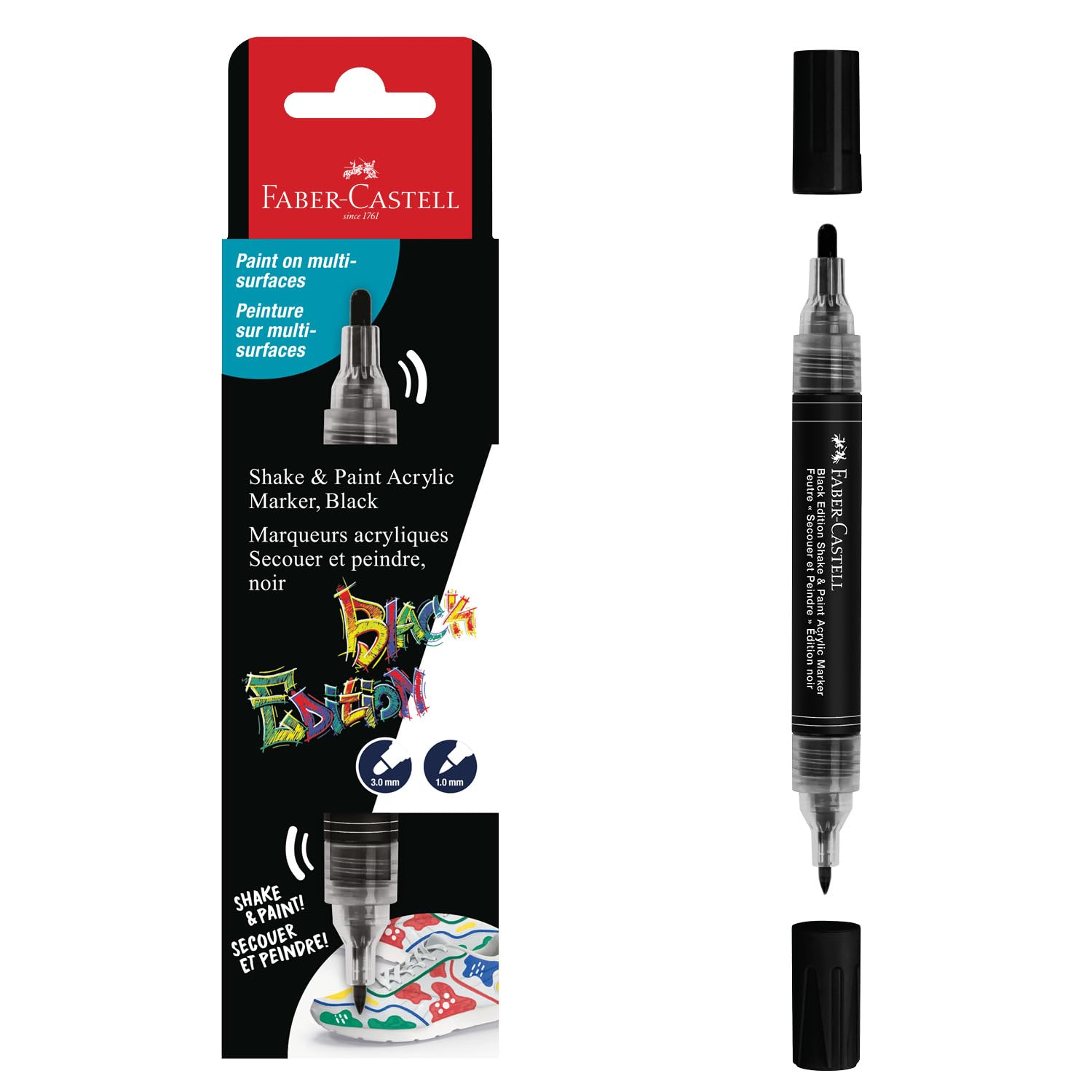 Faber-Castell 285598 - Rotulador acrílico Shake&Paint Black Edition, bolígrafo acrílico negro, marcador con 2 puntas redondas (3 mm y 1 mm)