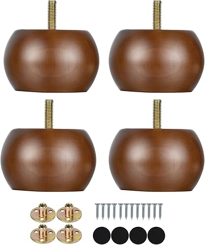 Maricome Juego de 4 patas de moño, patas redondas de madera maciza de nogal para otomanosofásofá, juego de 4 pernos M8 preperforados con soportes de