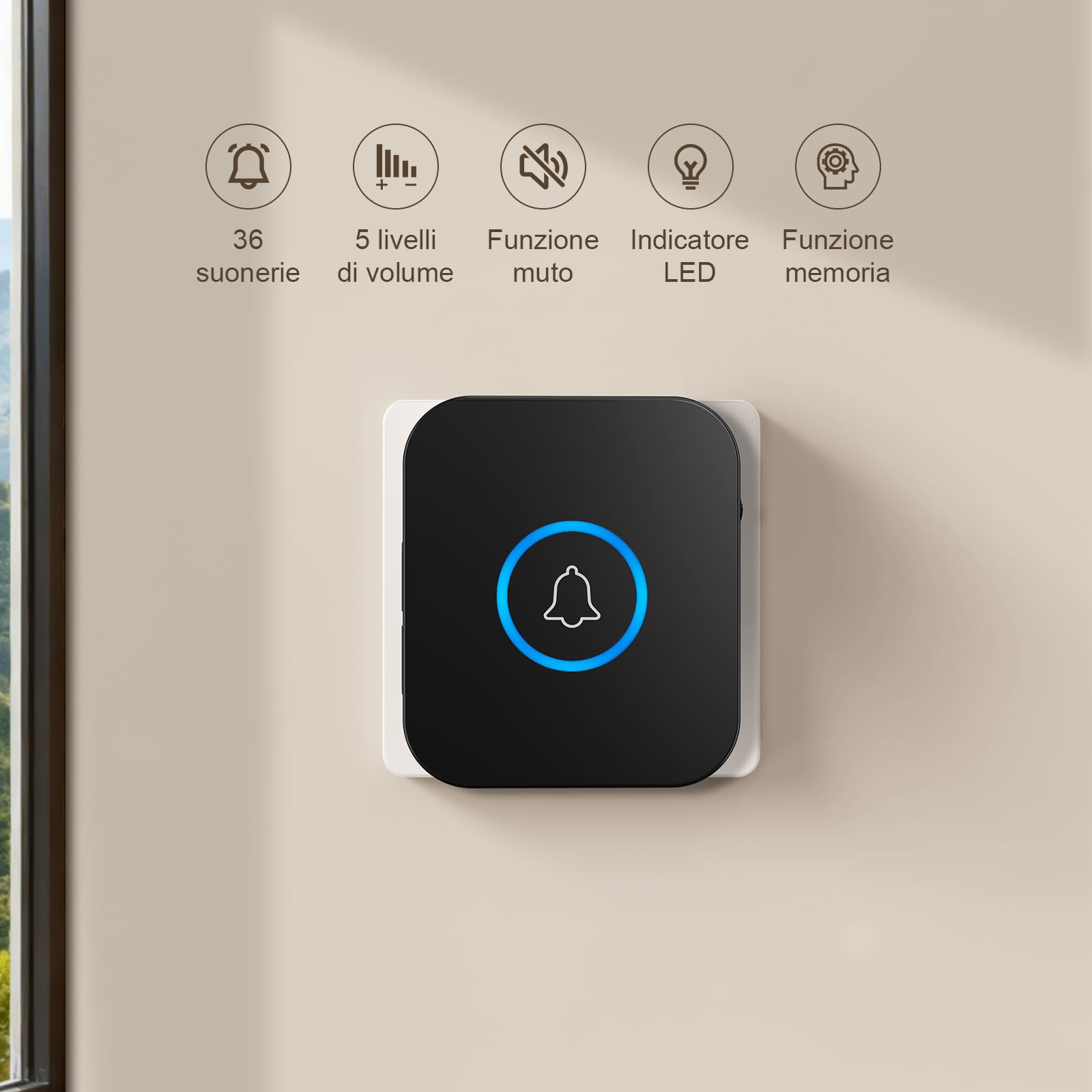 Campanello Senza Fili, Portata Wireless Doorbell, 36 Suonerie, 5 Volumi Selezionabili, Indicatori LED, IP55, 400m Lunga Portata per Casa, Appartamento (1 Trasmettitore + 1 Ricevitori)