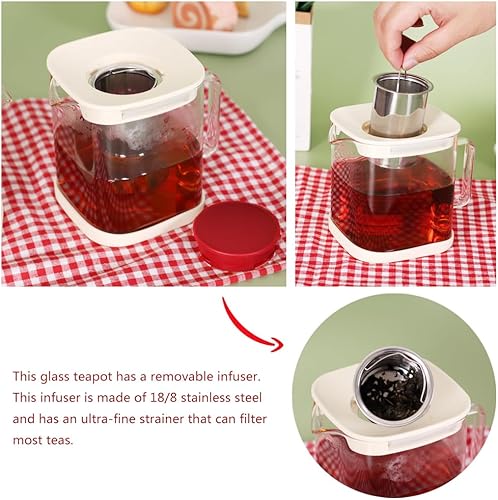 Miniatura 3 de Tetera cuadrada de vidrio con infusor extraíble, tetera de vidrio de borosilicato para té suelto floreciente, tetera segura para estufa, taza de té