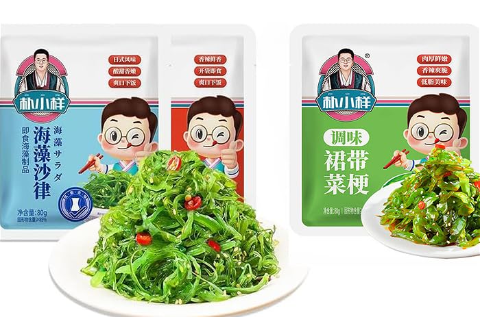 Shredded seaweed,wakame,vegetables,Cold salad,Japanese side dishes,pickles,vegan,Sweet and sour dishes,Sea cabbage,kimchi,delicious Chinese snack (3 flavor mix,6bags)