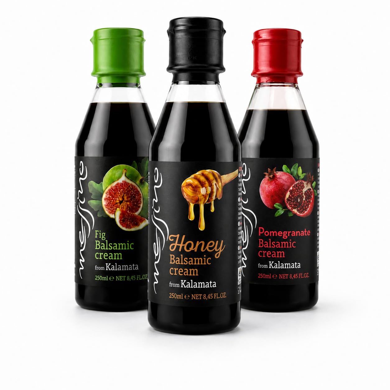 Messino Mezcla Gourmet de Cremas Balsámicas Griegas | Higos, Miel y Granada | Paquete de 3 x 250 ml (Total 750 ml) | Sin Azúcares Añadidos | Elaboración Tradicional
