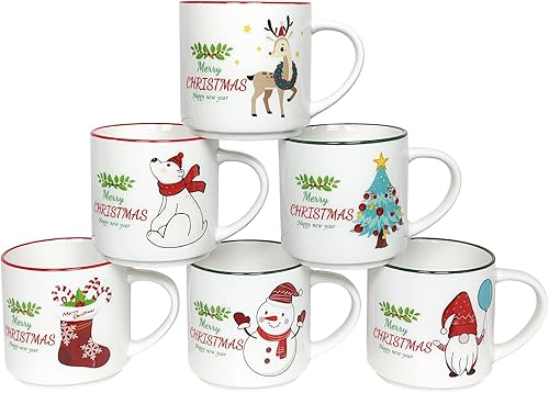 QIKSION Juego de 6 tazas de Navidad de 14 onzas, lindas tazas de café de cerámica apilables como regalo de Navidad para familiares, amigos y colegas