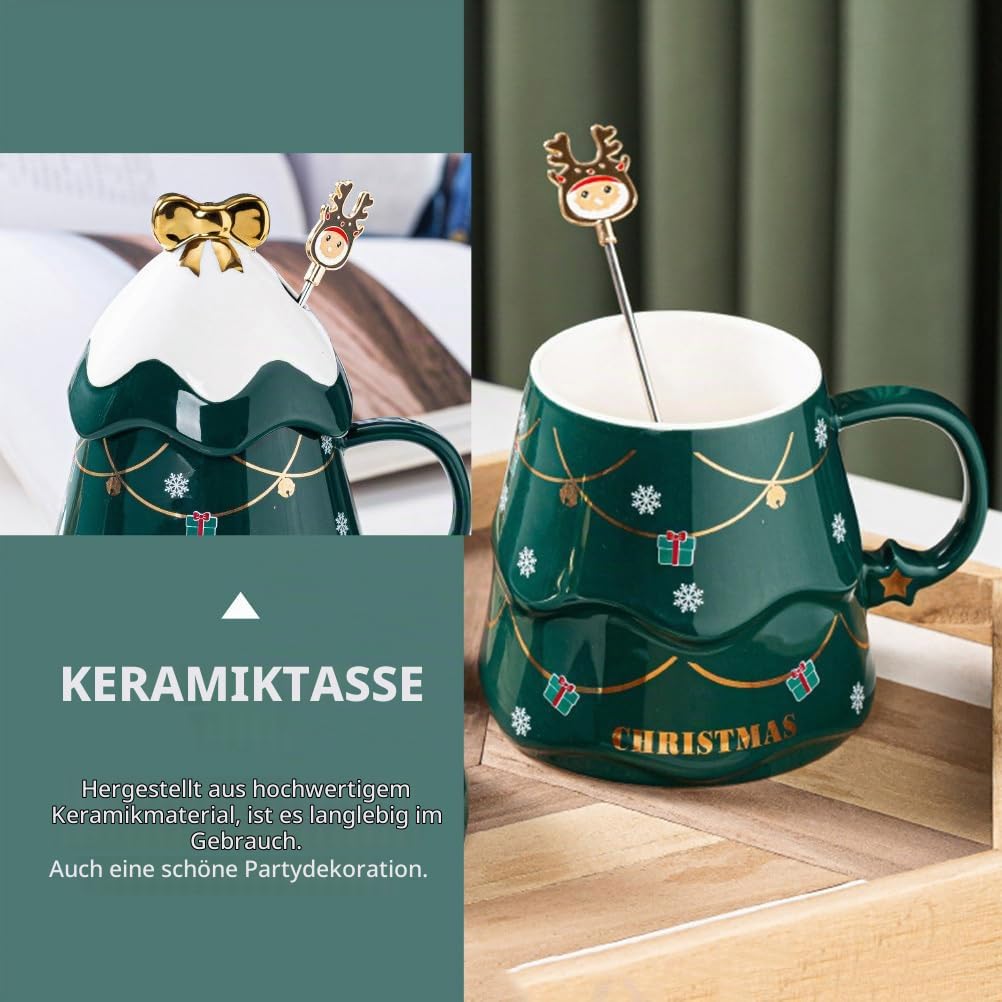 Cabilock 500ml Weihnachtstasse Groß mit Deckel & Löffel - Keramik Kaffeebecher Tannenbaum Grün, Lustige Teetasse für GlühweinKakao, Kaffeebecher & Milchtasse, Weihnachtsgeschenke für Frauen & Büro