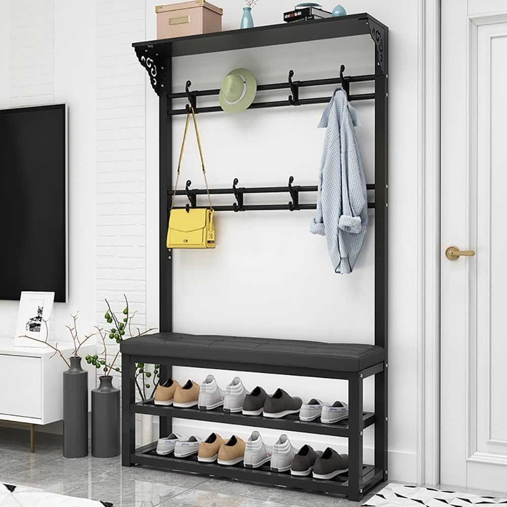 MYUYEE Clothes Rack With Hooks, Robust Metal Coat Rack With Bench And 9 Removable Hooks, Multifunctional Bedroom Wardrobe With Shoe Rack 100X30X172Cm(100X30X172Cm A-A)