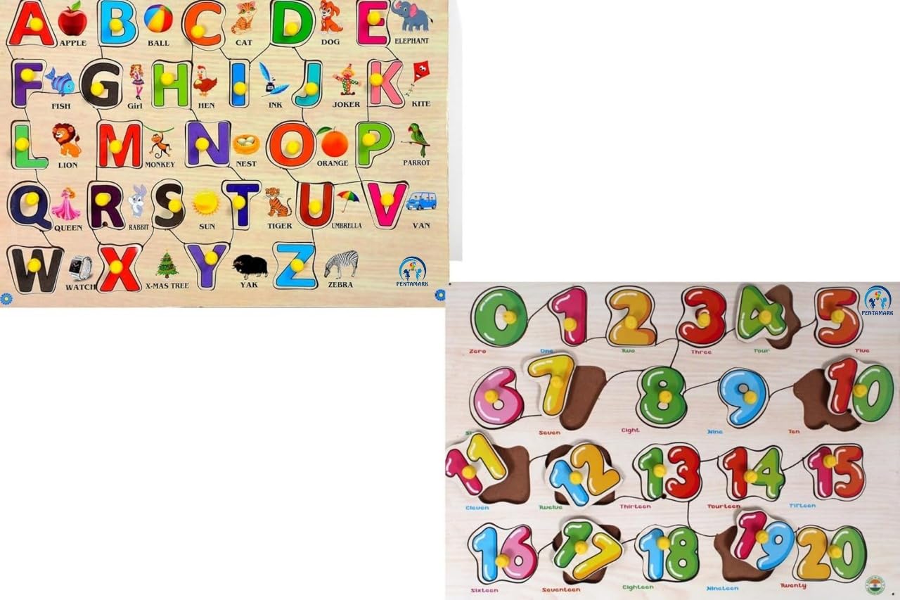 Kids Wooden 3D Capital Alphabets A to Z(26 Pieces) and Number Board 1 to 20 Puzzles with Knobs, Educational | Learning, Non-Toxic, Colourful, Montessori | Pre-Schoolers, Multicolour (Pack of 2)-image-1