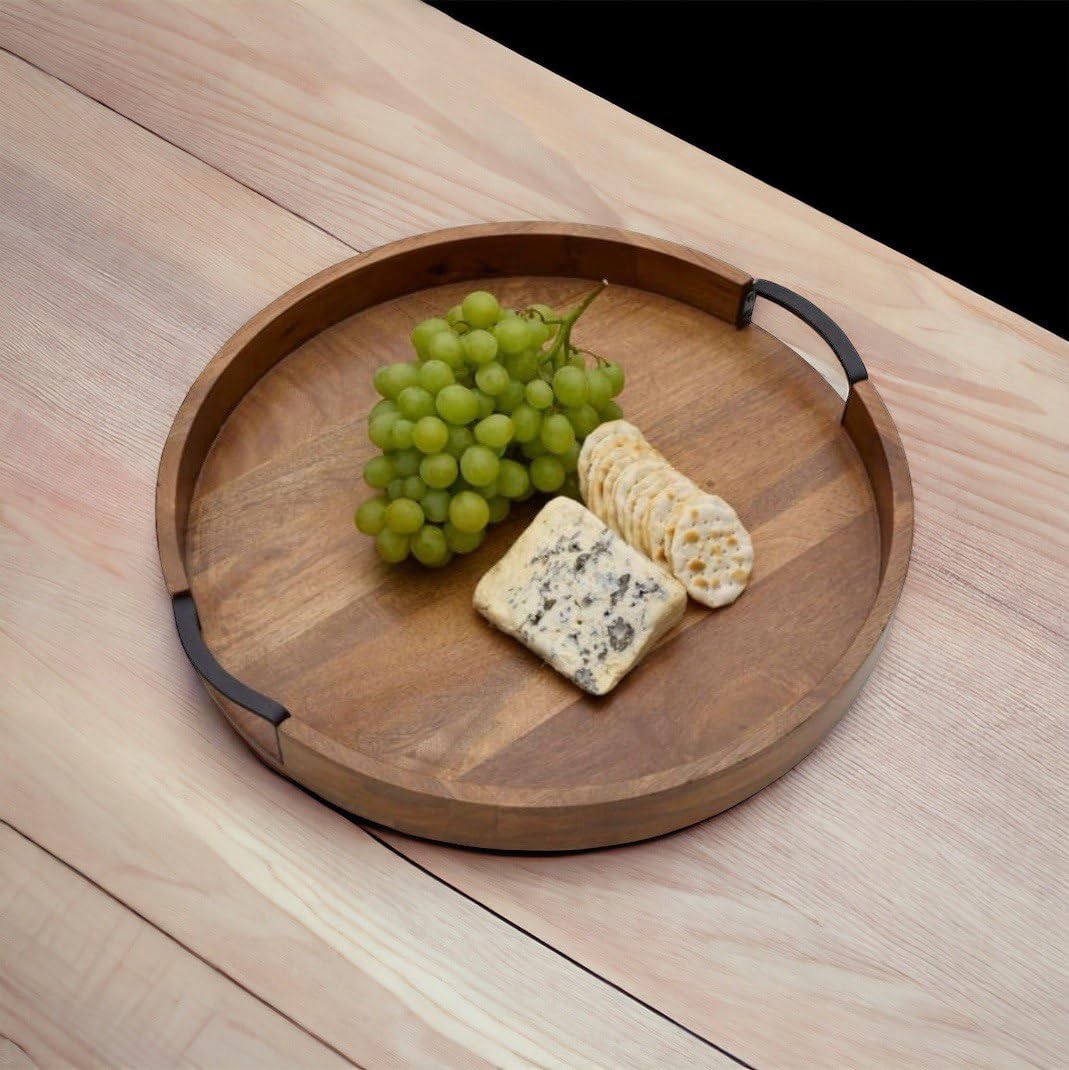 Craft Expertise Rustic Handcrafted Round Wooden Serving Tray with Iron Handle Medium Size 11" x 11" x 1.5" - Decorative Natural Tray for Coffee Table Ottoman Breakfast Kitchen D�cor Brown 3