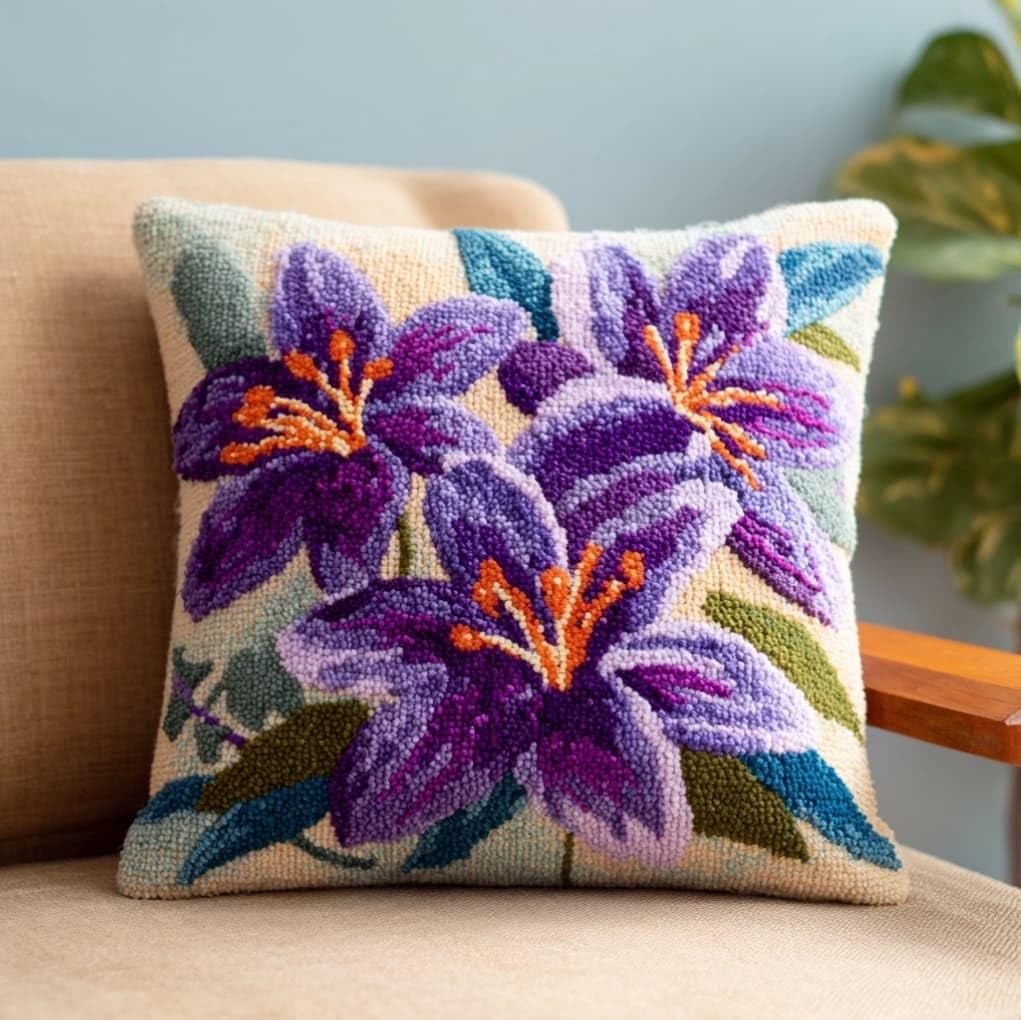 Axiangzik Purple Flowers Latch Hook Pillow Kit 17X17in,