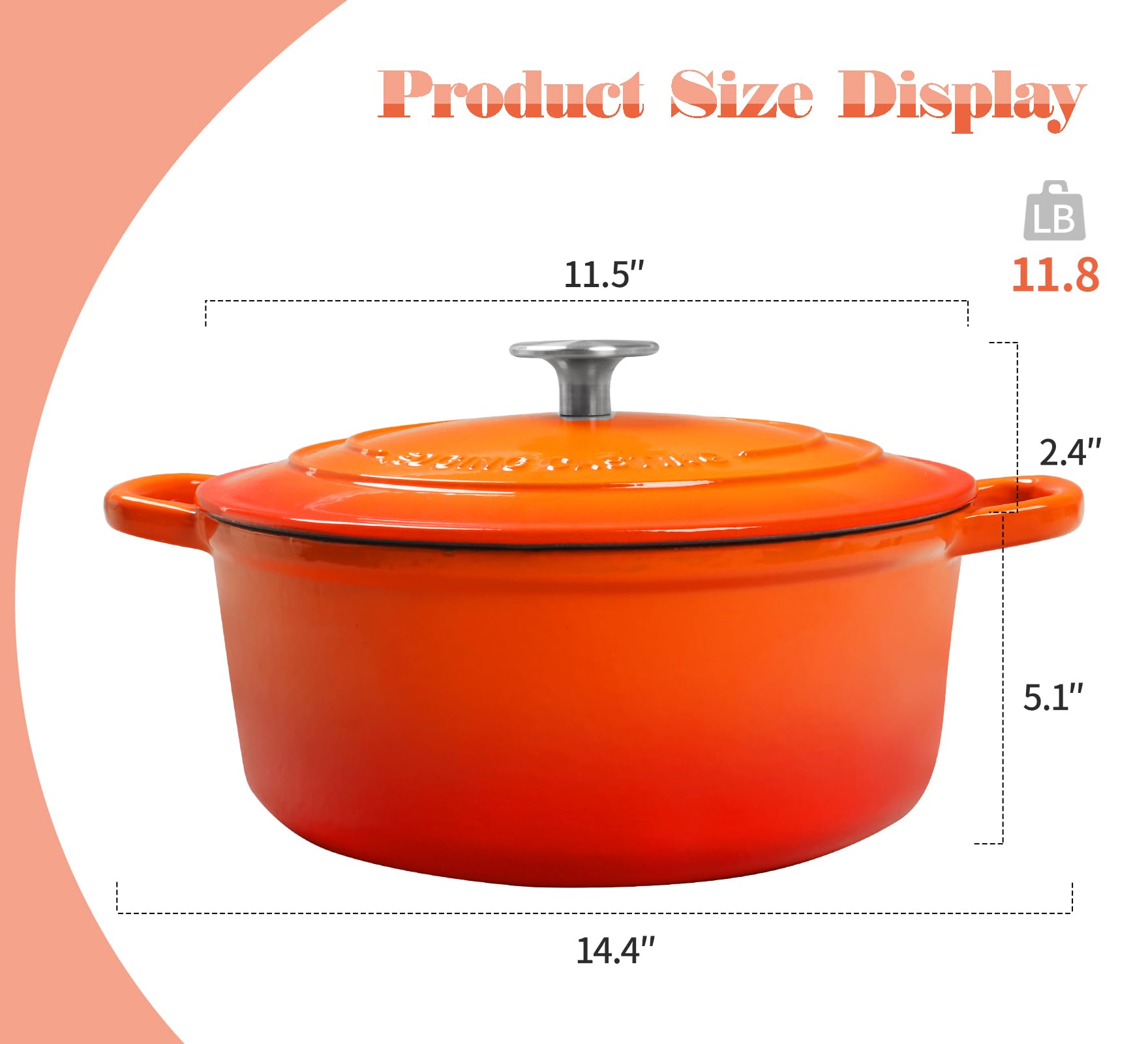 EDGING CASTING Enameled Cast Iron Covered Dutch Oven with Dual Handle, Dutch Ovens with Lid for Bread Baking, 3.5 Quart, Orange