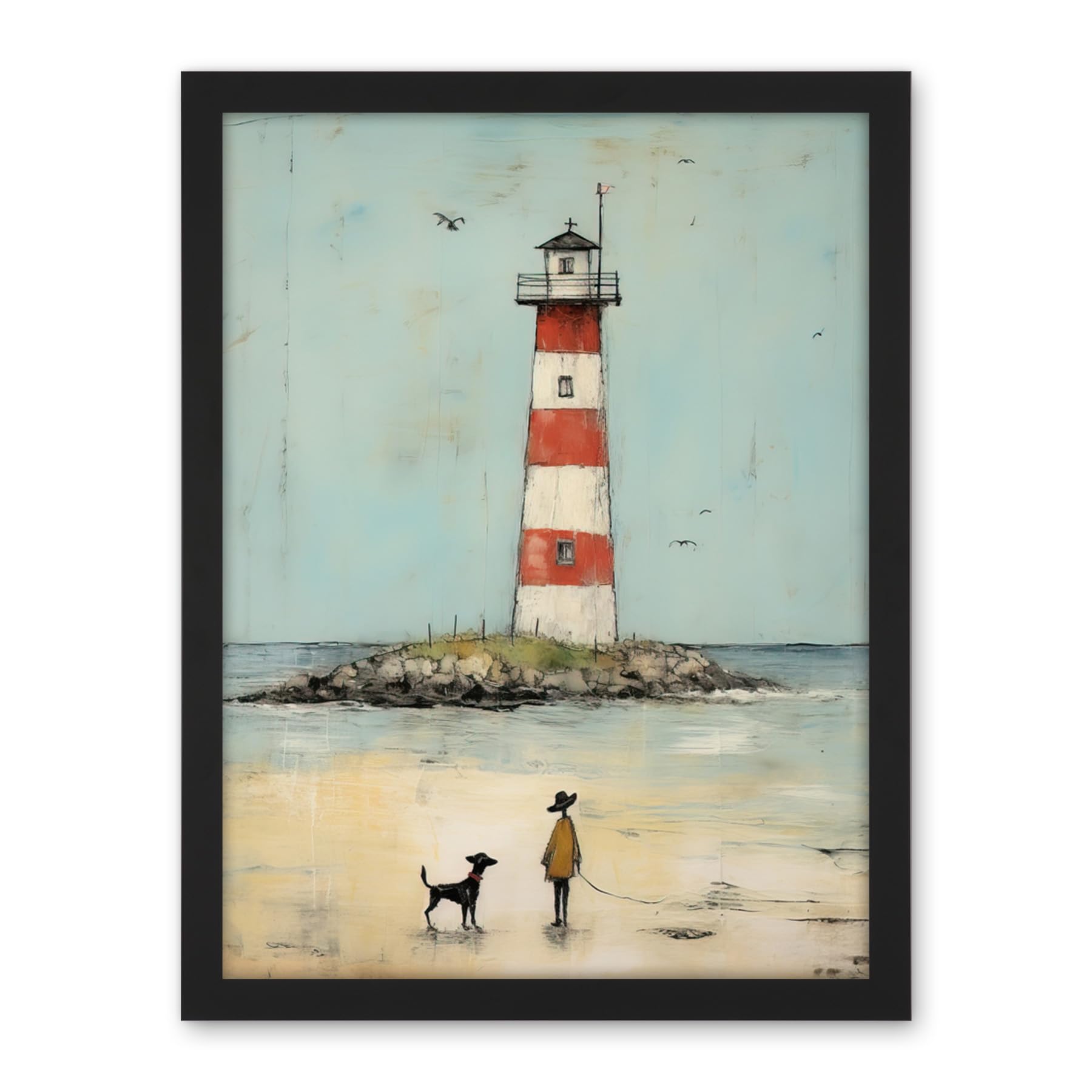Artery8 Lighthouse Pastel Colour Painting Bathroom Artwork Red Blue Ochre Boy and Pet Dog Beach Walk Artwork Framed Wall Art Print 18X24 Inch