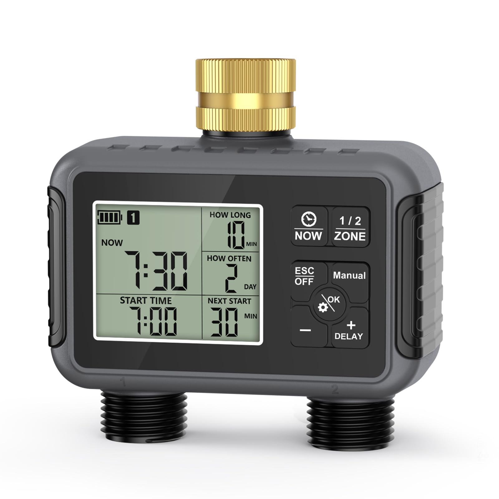 RIOGOO Temporizadores de Grifo para Manguera de jardín Exterior, Temporizador programable para aspersores con retardo por Lluvia (2 Outlet Water Timer)