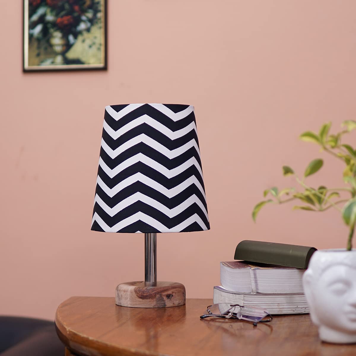 PineCraft International Edra Table Lamp with Shade Night Lamp for Living Room, Study Room, Bedroom & Home Decor Gift Item 14 inch Height Wooden Study Lamp with Black & White Shade, 1 Piece