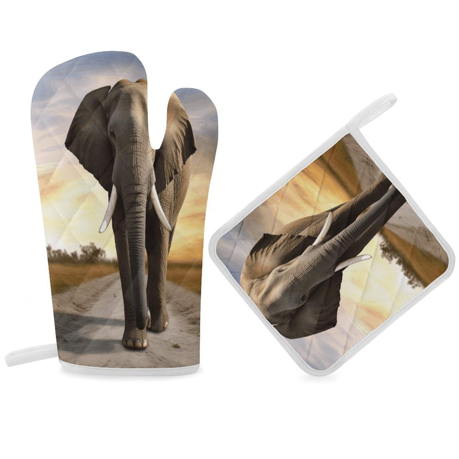 Fodpand Women's Style Elephant Walking Oven Mitts And Pot Holders Sets,Oven Gloves For Kitchen Oven Mitts And Potholders For Baking Cooking Grilling Apartment Essentials