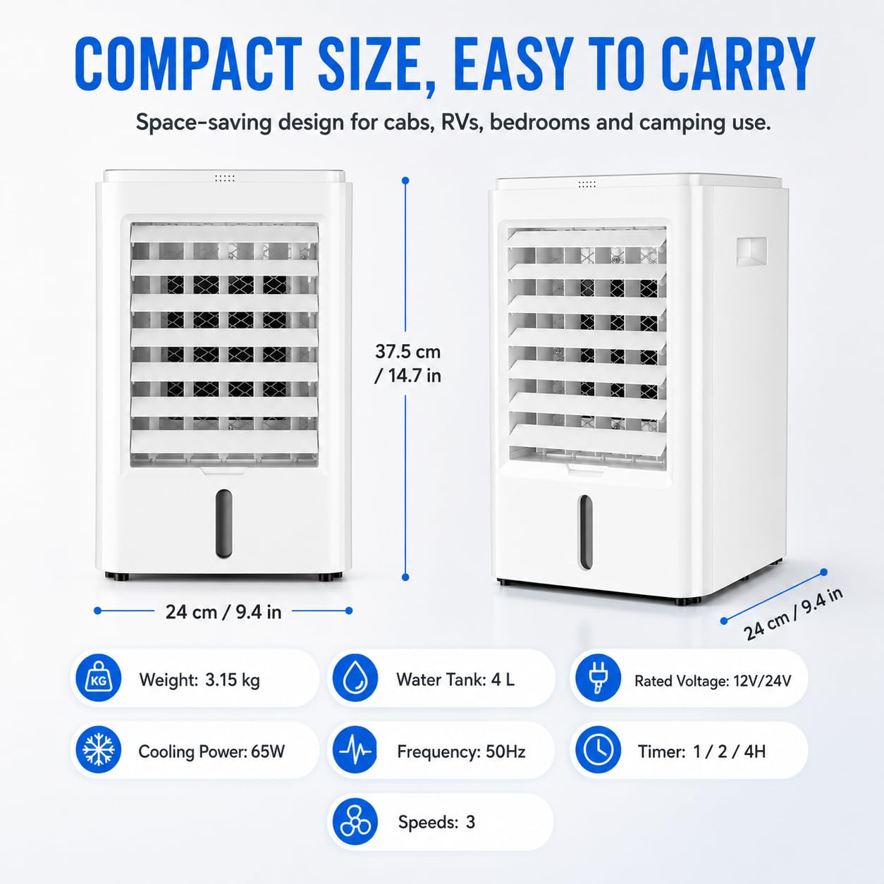 Condizionatore d'Aria per Camper 4 in 1/Raffrescatore d'Aria Evaporativo Portatile per Auto con Telecomando,Mini Ventilatore Raffreddamento per Camper con 3 Impostazioni di velocità 24v