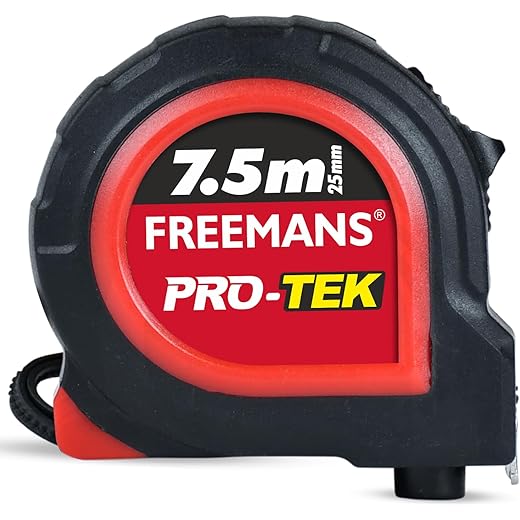 FREEMANS PRO-TEK 7.5m:25mm Steel Inchi Pocket Measuring Tape with Non Slip Rubber covered ABS case, Click-Action Front Lock, Pause Button, Hand Strap and Belt-Clip