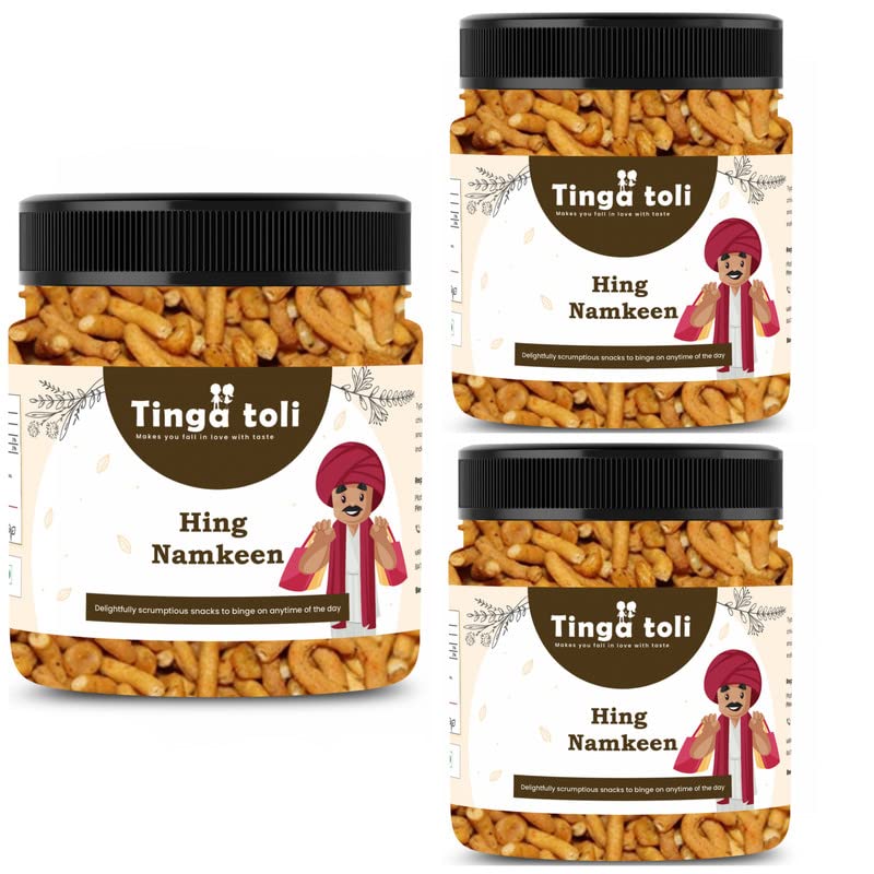 TINGA TOLI Hing Sev Namkeen Sev Made of Hing Ready to Eat Pack of 3 of 150 Grams Total 450 Grams Famous Indian Snacks Soft and tangy [Jar Pack]