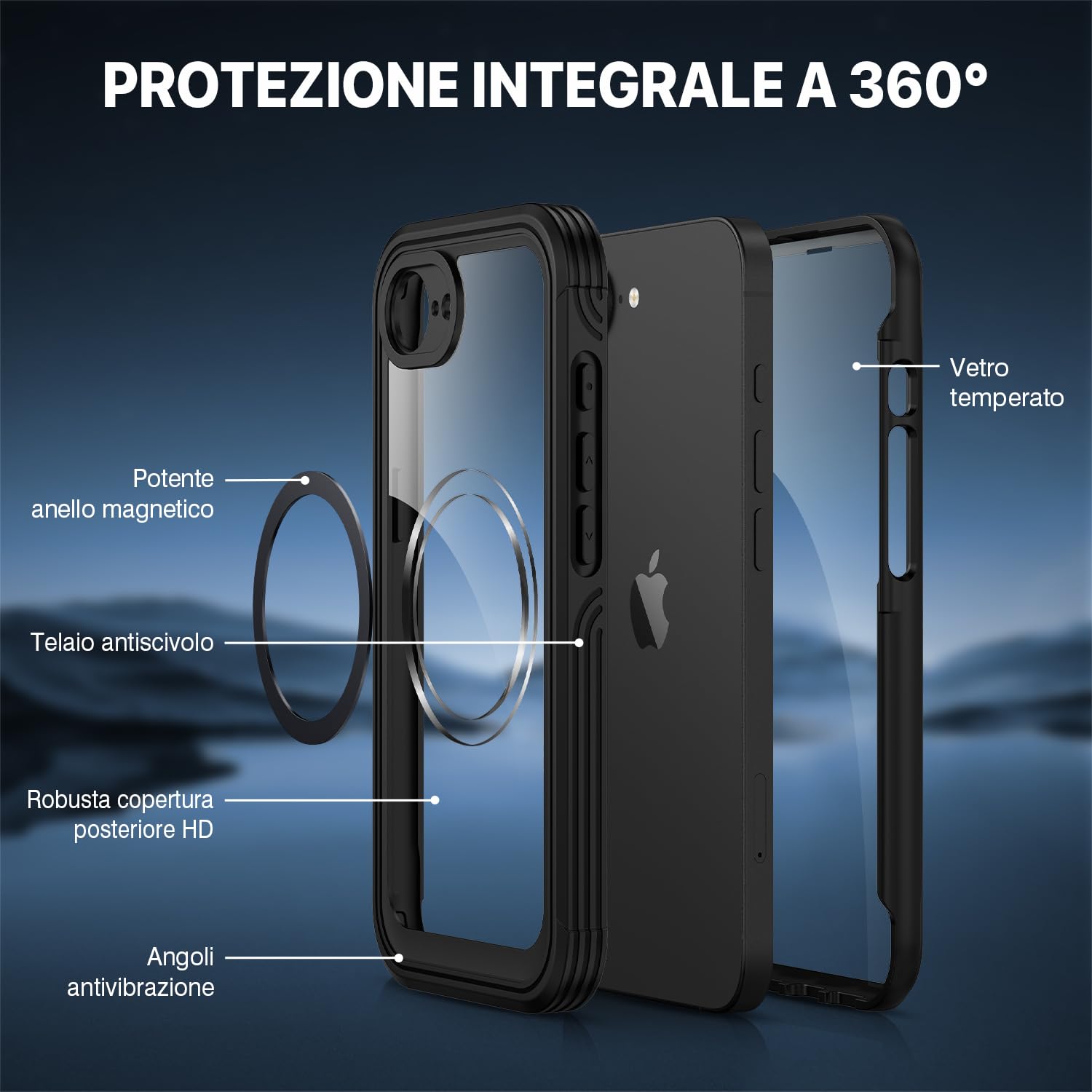 CENHUFO Magnetica Cover iPhone 16E, [Compatibile con Magsafe] Protezione Schermo Vetro Temperato 9H Integrata, 360 Gradi Antiurto Rugged Fronte Retro Doppia Faccia Case Custodia iPhone 16E - Nero