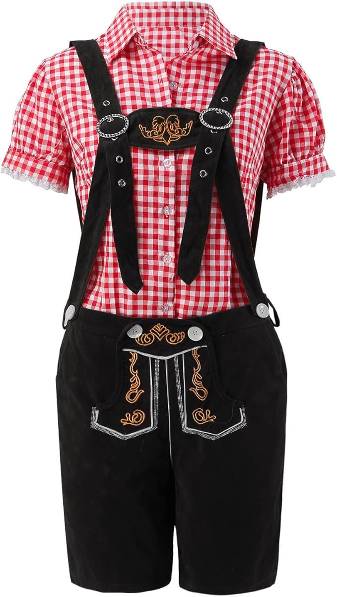 Oktoberfest Damen Outfit Hose Blusen 2 Teilig Trachtenhose Kurz Lederhose Damen Tracht Trachtenbluse Kariert Trachtenlederhose Frauen mit Träger Oktoberfest Kleidung Ink. Hosen und Oberteil