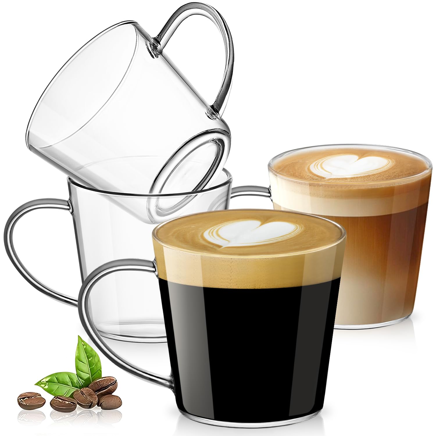 OJA Clear Coffee Cups Set of 4 - Wide Mouth Design Glass Coffee Mugs with Handle - 10oz Espresso Cups Set - Anti Scald Tea Mugs - Easy to Pull Flowers Coffee Glasses