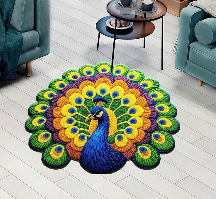 Peacock Design Anti Skid Floor Mat 24x26 Inches | Decorative Door Mat for Home Entrance Living Room Bedroom Kitchen Puja Mandir | Washable 7D Printed Rug with Rubber Backing Colorful Ethnic Decor-image-13