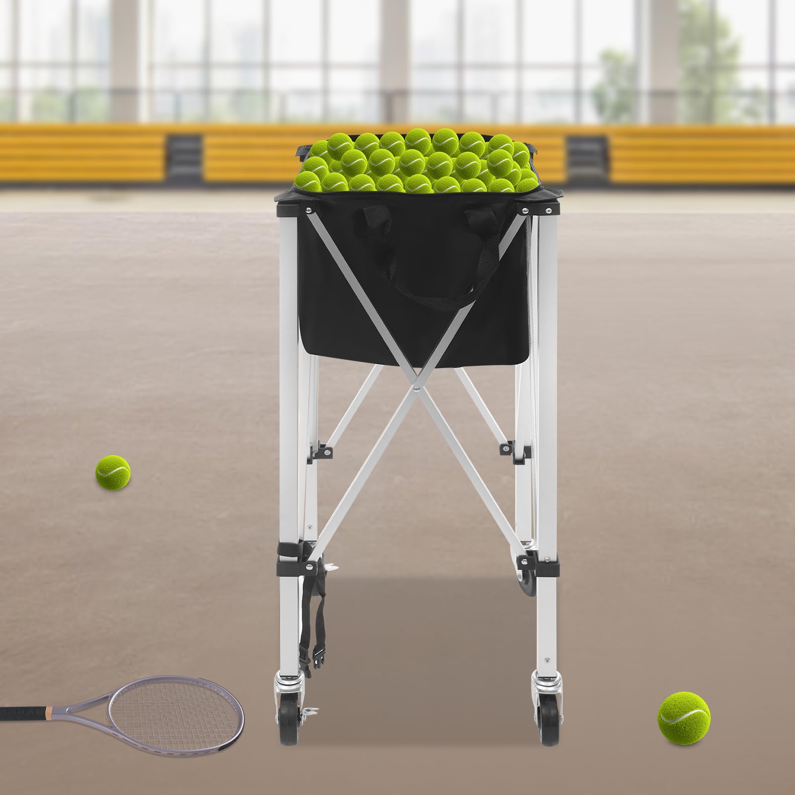 Tennisballwagen Klappbar mit 4 Rollen und Reißverschluss | Ballwagen und Ballkorb für 150 Bälle 600D Oxford Stoff | Sport Lehrwagen und Ballständer für Training Transport