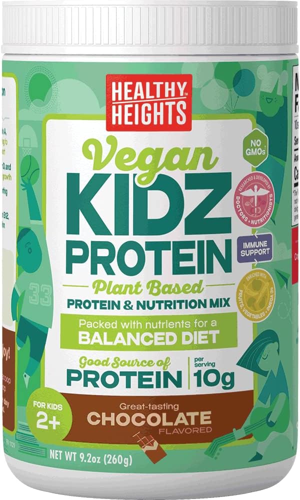 Healthy Height KidzProtein Powder Vegan Shake Mix Canister (Chocolate) Good Protein Nutrition, Key Vitamins & Minerals, No Artificial Flavors, Gluten Free, Soy Free, Peanut Free, No GMOs