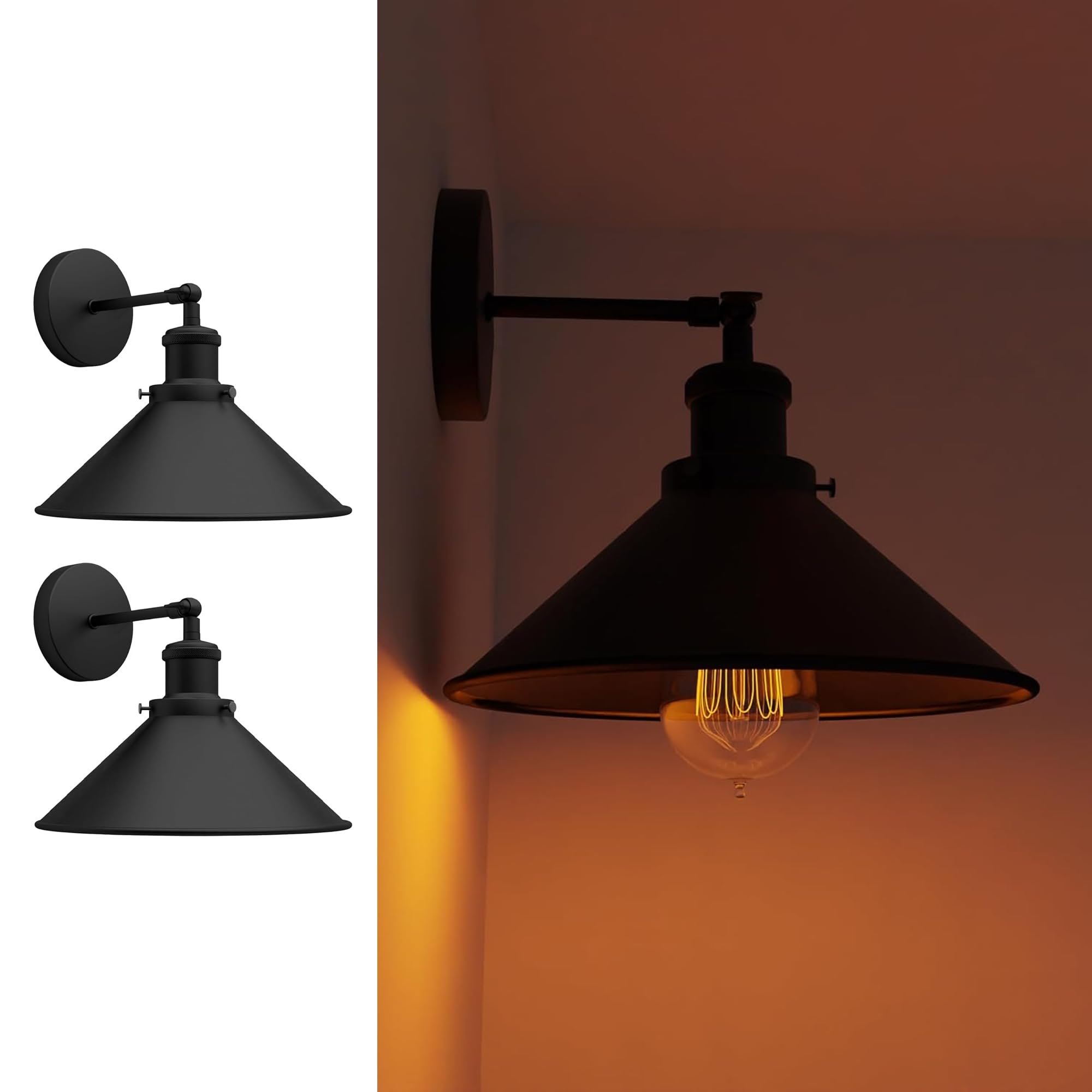 LEDSone Vintage 180 Degree Adjustable Black Wall Sconce Industrial Sconces Wall Lighting Antique Brass Finish Wall Mount Metal Fixture Lamp for Restaurants, Kitchen 2 Pack