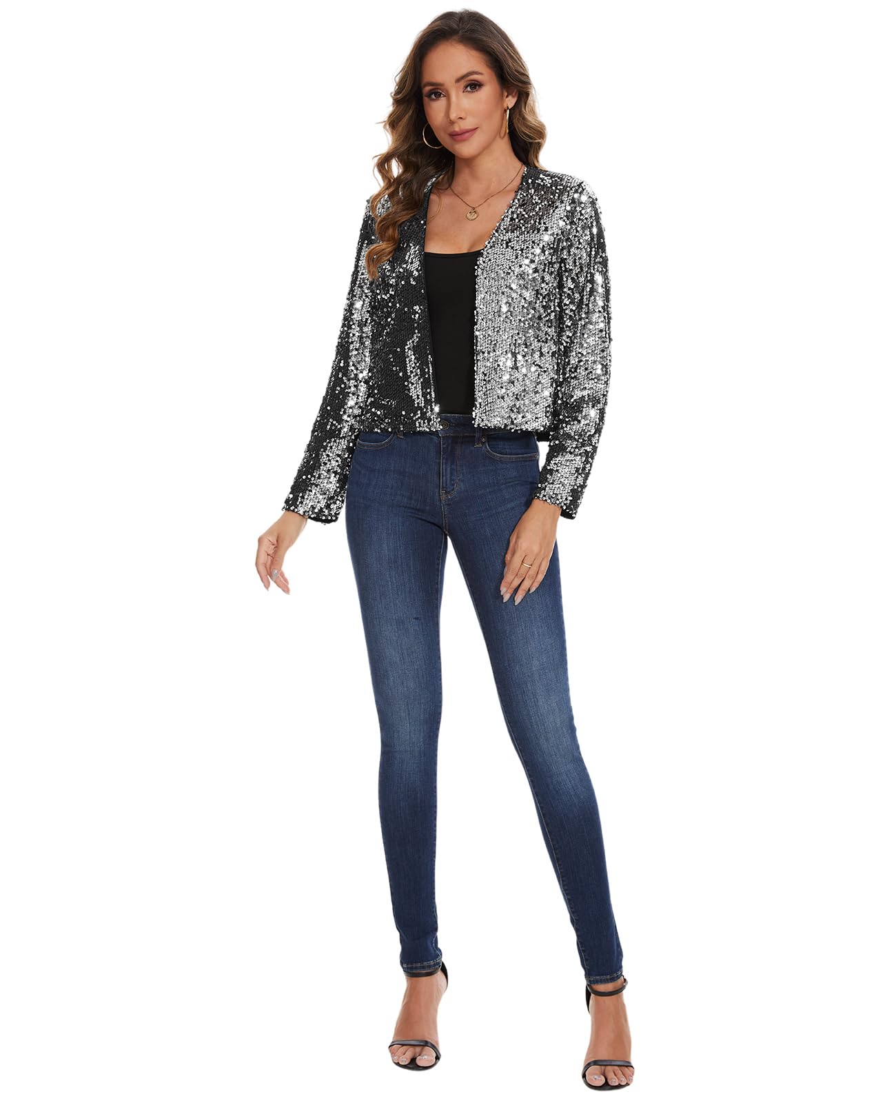 MINTLIMIT Damen Pailletten Strickjacke Kurz Cardigan Langarm Bolero Elegant Glitzer Jacke