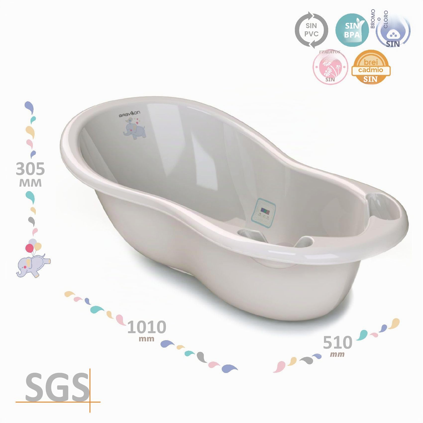 BABYLON Shuttle Bañeras para Bebes+Termómetro+Tapón, grande, 0-18M, Gris